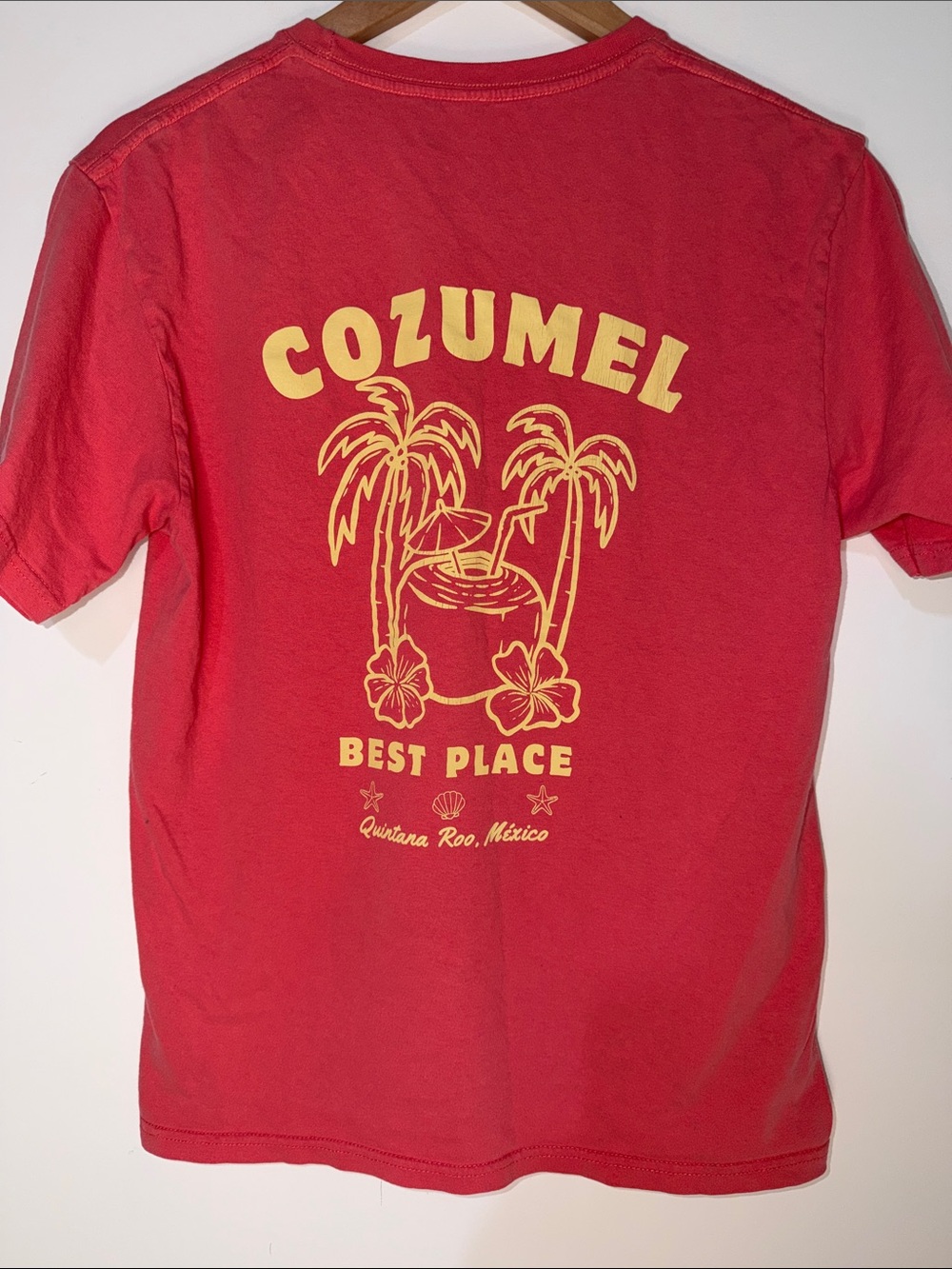 Cozumel Graphic Tee - coral  with Yellow Print size small